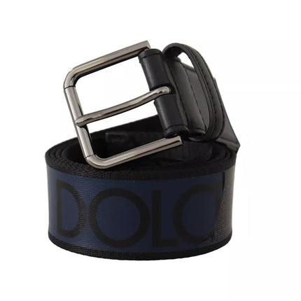 Blue Black Logo Print Silver Buckle Belt