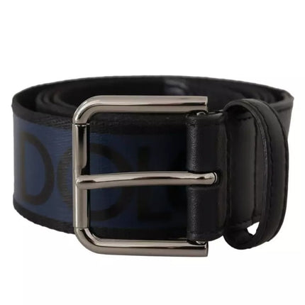 Blue Black Logo Print Silver Buckle Belt