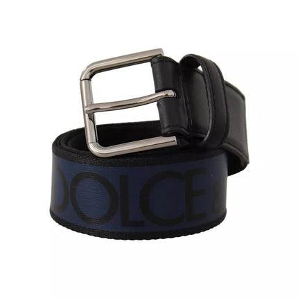 Blue Black Logo Print Silver Buckle Belt