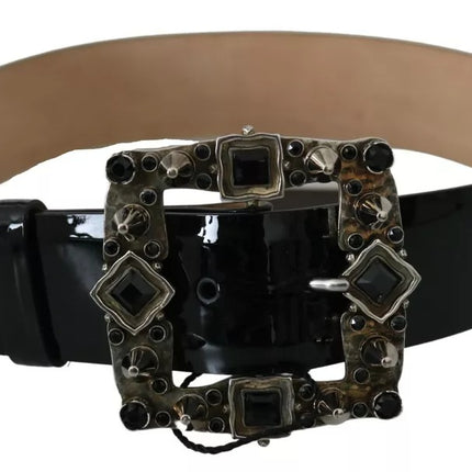 Black Shiny Leather Crystal Logo Buckle Belt