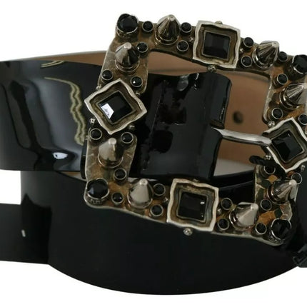 Black Shiny Leather Crystal Logo Buckle Belt