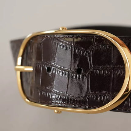 Brown Crocodile Pattern Leather Gold Oval Buckle Belt