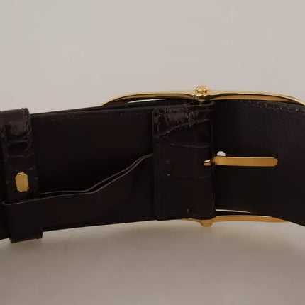 Brown Crocodile Pattern Leather Gold Oval Buckle Belt