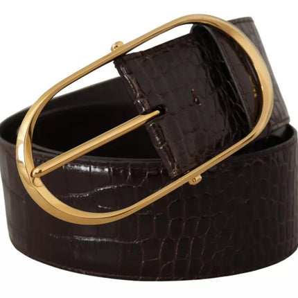 Brown Crocodile Pattern Leather Gold Oval Buckle Belt