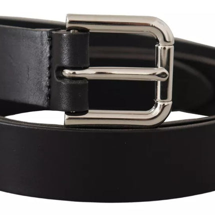 Black Leather Silver Tone Metal Buckle Classic Belt