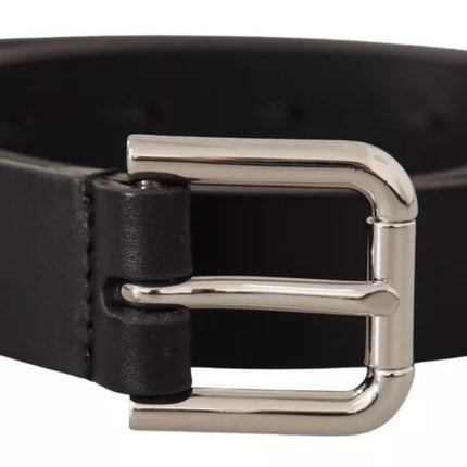 Black Leather Silver Tone Metal Buckle Classic Belt