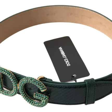 Green Iguana Leather DG Crystal Gold Buckle Belt