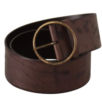 Dark Brown Wide Calf Leather Logo Round Buckle Belt