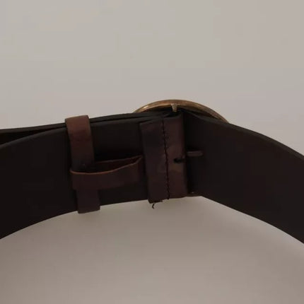 Dark Brown Wide Calf Leather Logo Round Buckle Belt