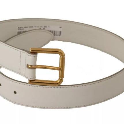 White Leather Gold Logo Engraved Metal Buckle Belt