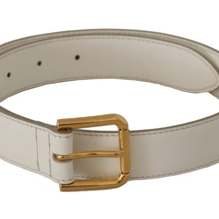 White Leather Gold Logo Engraved Metal Buckle Belt