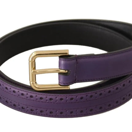 Purple Leather Gold Logo Engraved Metal Buckle Belt