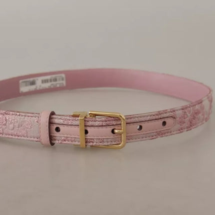 Pink Jaquard Embroidered Gold Tone Metal Buckle Belt