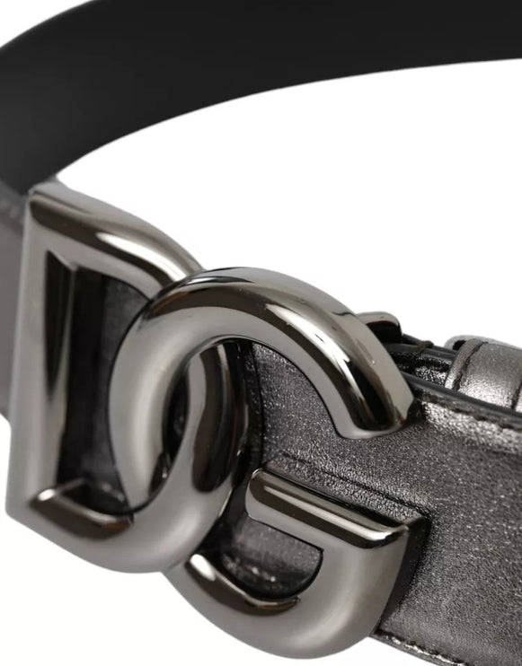 Silver Calf Leather Metal Logo Buckle Men Belt