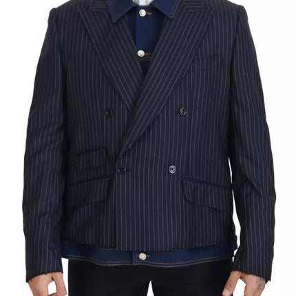 Blue Striped Double Breasted Denim Blazer