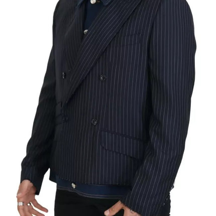 Blue Striped Double Breasted Denim Blazer