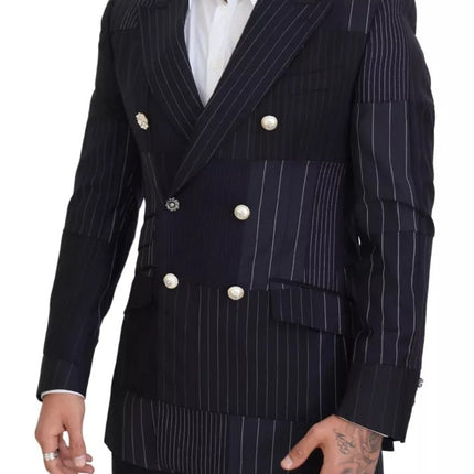 Blue Wool Patchwork Double Breasted Blazer