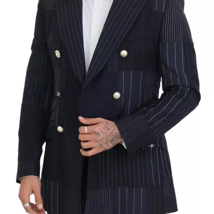 Blue Wool Patchwork Double Breasted Blazer