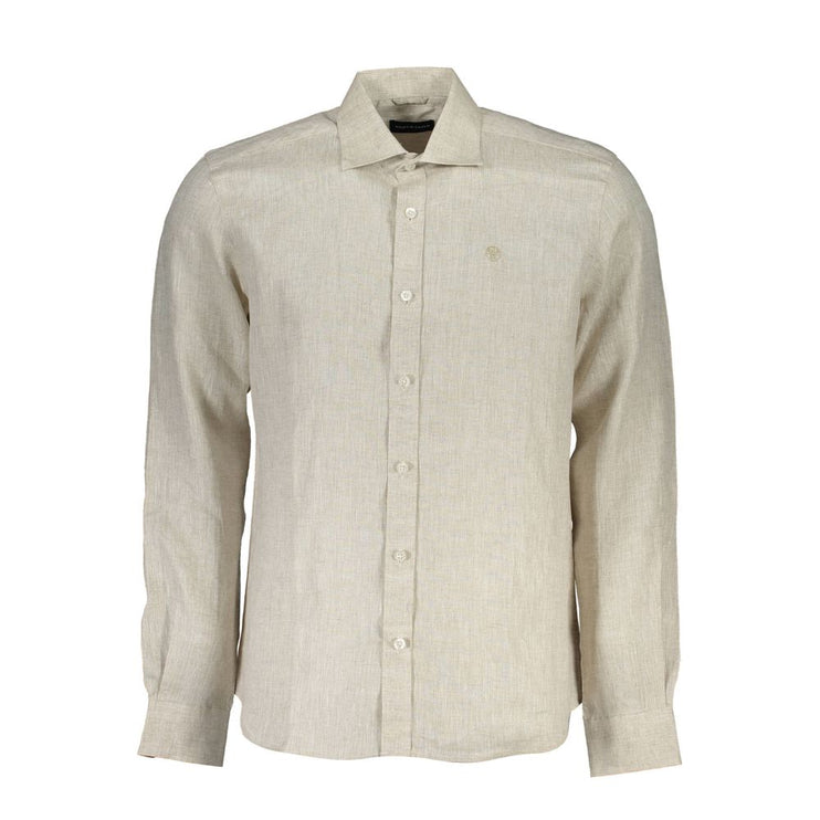 Camisa de cuello italiano de lino beige con bordado del logotipo