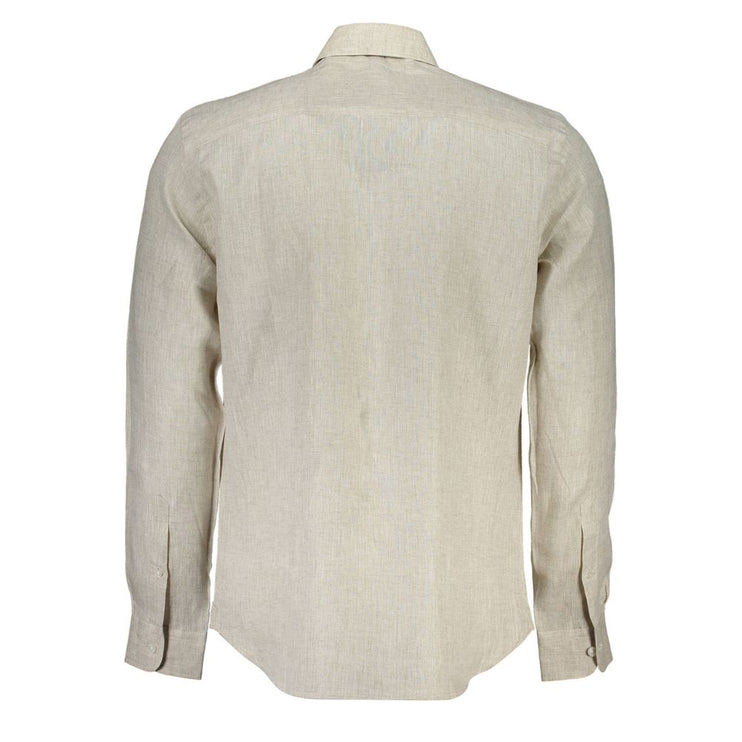 Camisa de cuello italiano de lino beige con bordado del logotipo