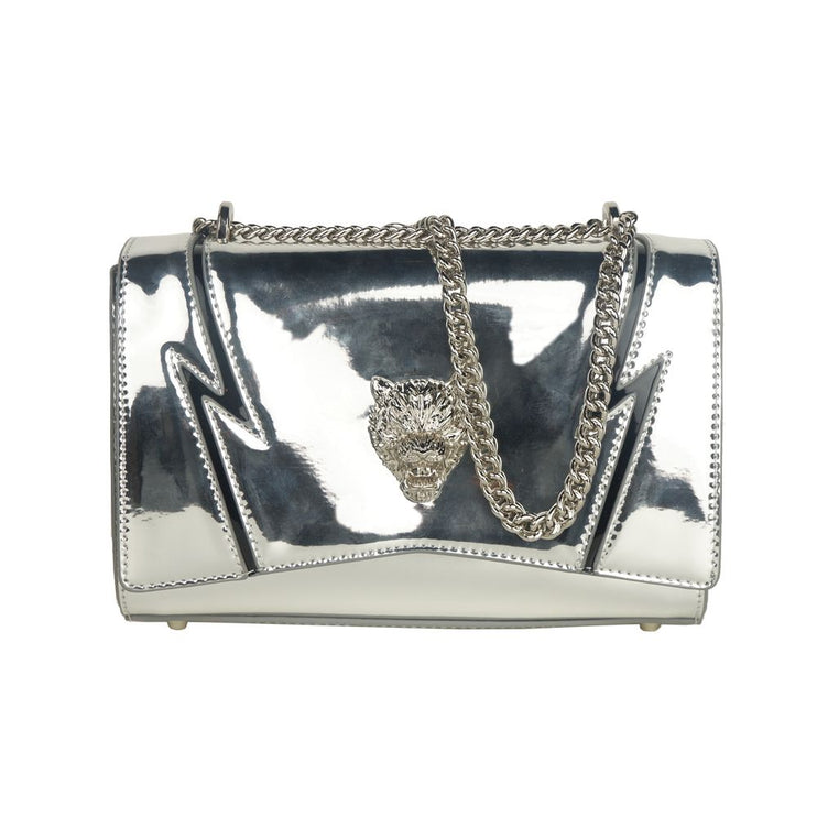 Elegante bolso de hombro gris con tiras de cadena