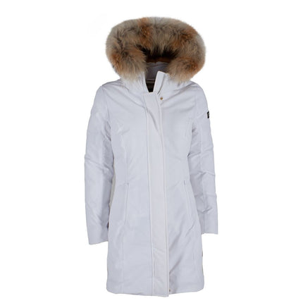 Veste blanche chic avec capuche garni de fourrure