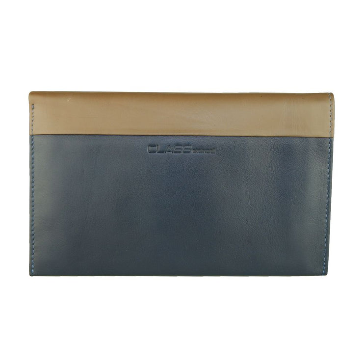 Elegante cartera de piel azul y beige