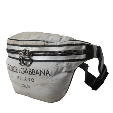 Silver Black Nylon Leather Logo Waist Fanny Pack Bag