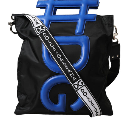 Black Nylon Blue Leather Hashtag Shopping Tote Bag