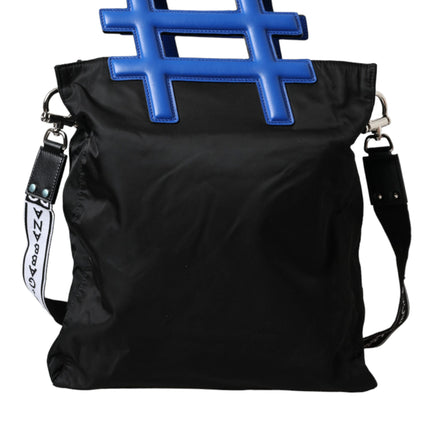 Black Nylon Blue Leather Hashtag Shopping Tote Bag