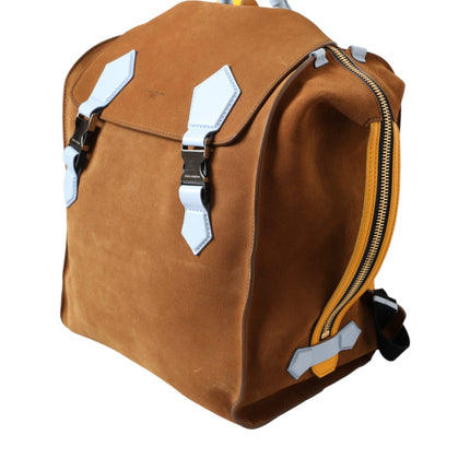 Brown Yellow Suede Leather Logo Backpack Bag