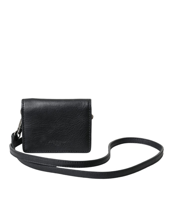 Black Leather Bifold Sling Women Card Holder Purse Wallet