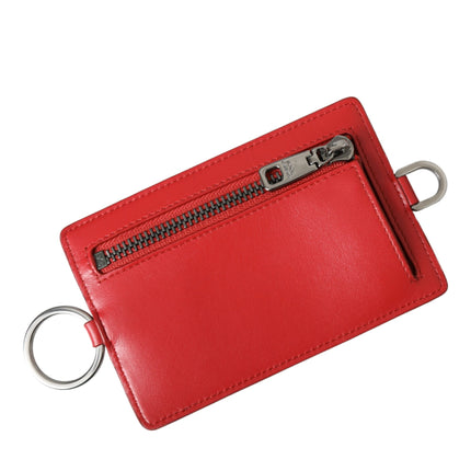 Red Calfskin Leather Lanyard Logo Card Holder Wallet