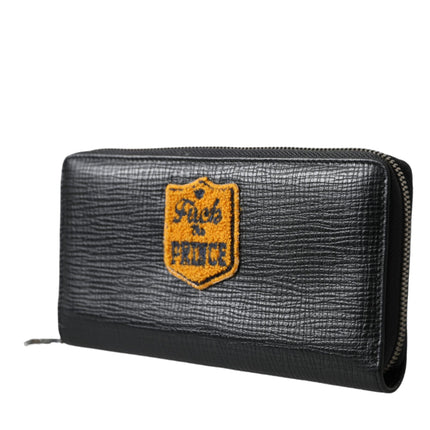 Black Leather Logo Patch Zip Around Continental Wallet