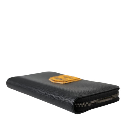 Black Leather Logo Patch Zip Around Continental Wallet