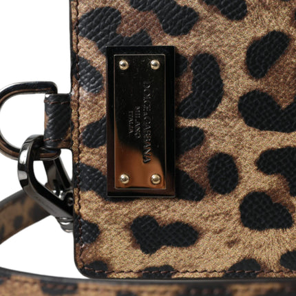 Brown Leather Leopard Print Logo Plaque Cardholder Wallet