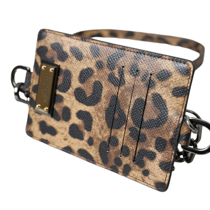 Brown Leather Leopard Print Logo Plaque Cardholder Wallet