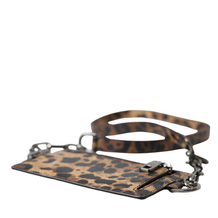 Brown Leather Leopard Print Logo Plaque Cardholder Wallet