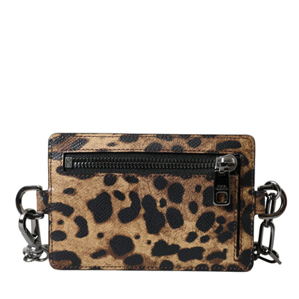 Brown Leather Leopard Print Logo Plaque Cardholder Wallet