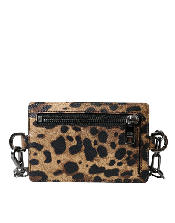 Brown Leather Leopard Print Logo Plaque Cardholder Wallet