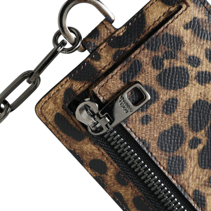 Brown Leather Leopard Print Logo Plaque Cardholder Wallet