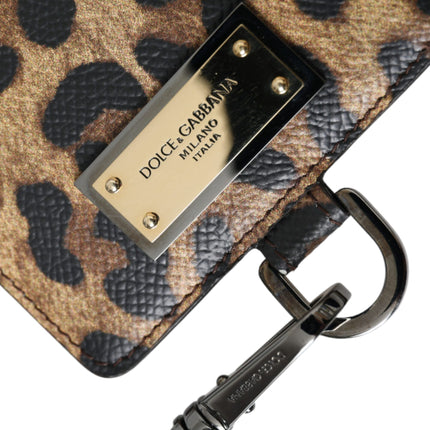 Brown Leather Leopard Print Logo Plaque Cardholder Wallet