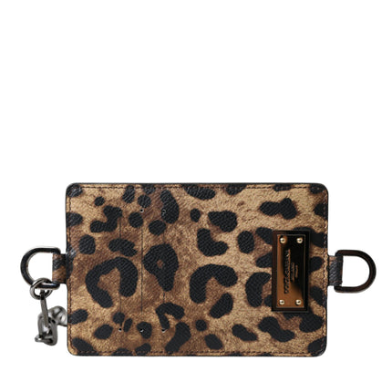 Brown Leather Leopard Print Logo Plaque Cardholder Wallet