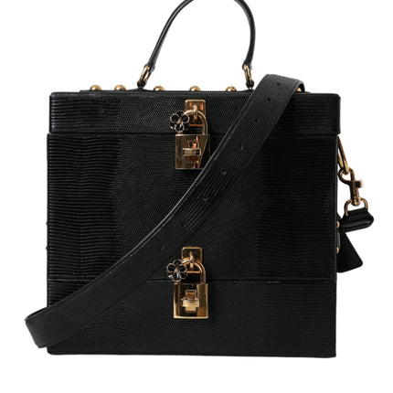 Black Lizard Embossed Calfskin Leather Double Box Bag