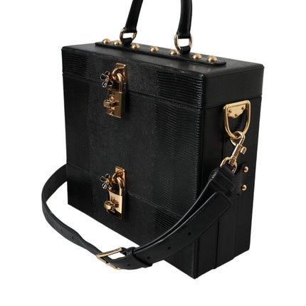 Black Lizard Embossed Calfskin Leather Double Box Bag