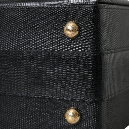 Black Lizard Embossed Calfskin Leather Double Box Bag