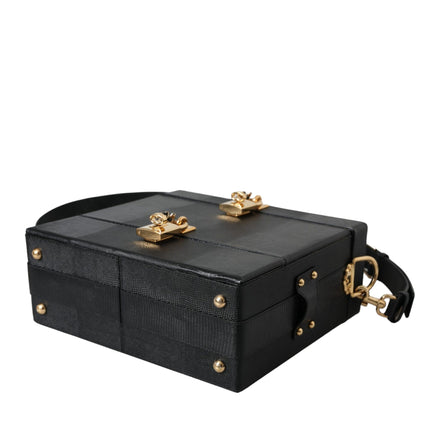 Black Lizard Embossed Calfskin Leather Double Box Bag