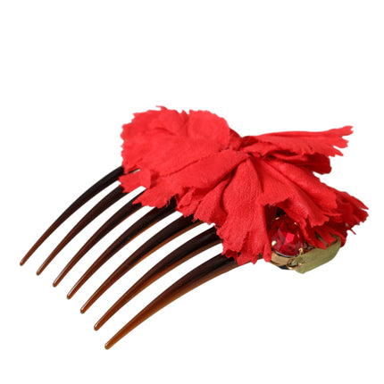 Red Silk Floral Gold Brass Women Hair Comb