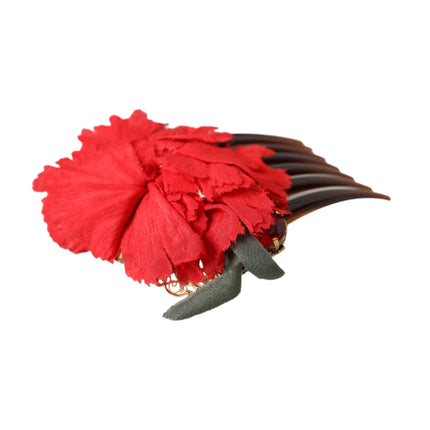 Red Silk Floral Gold Brass Women Hair Comb