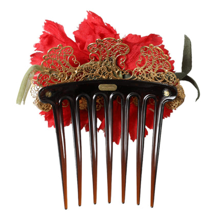 Red Silk Floral Gold Brass Women Hair Comb